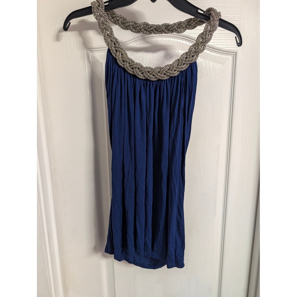 Spense Navy Blue Halter Top Silver Braided Bead Neckline Sleeveless Blouse Small